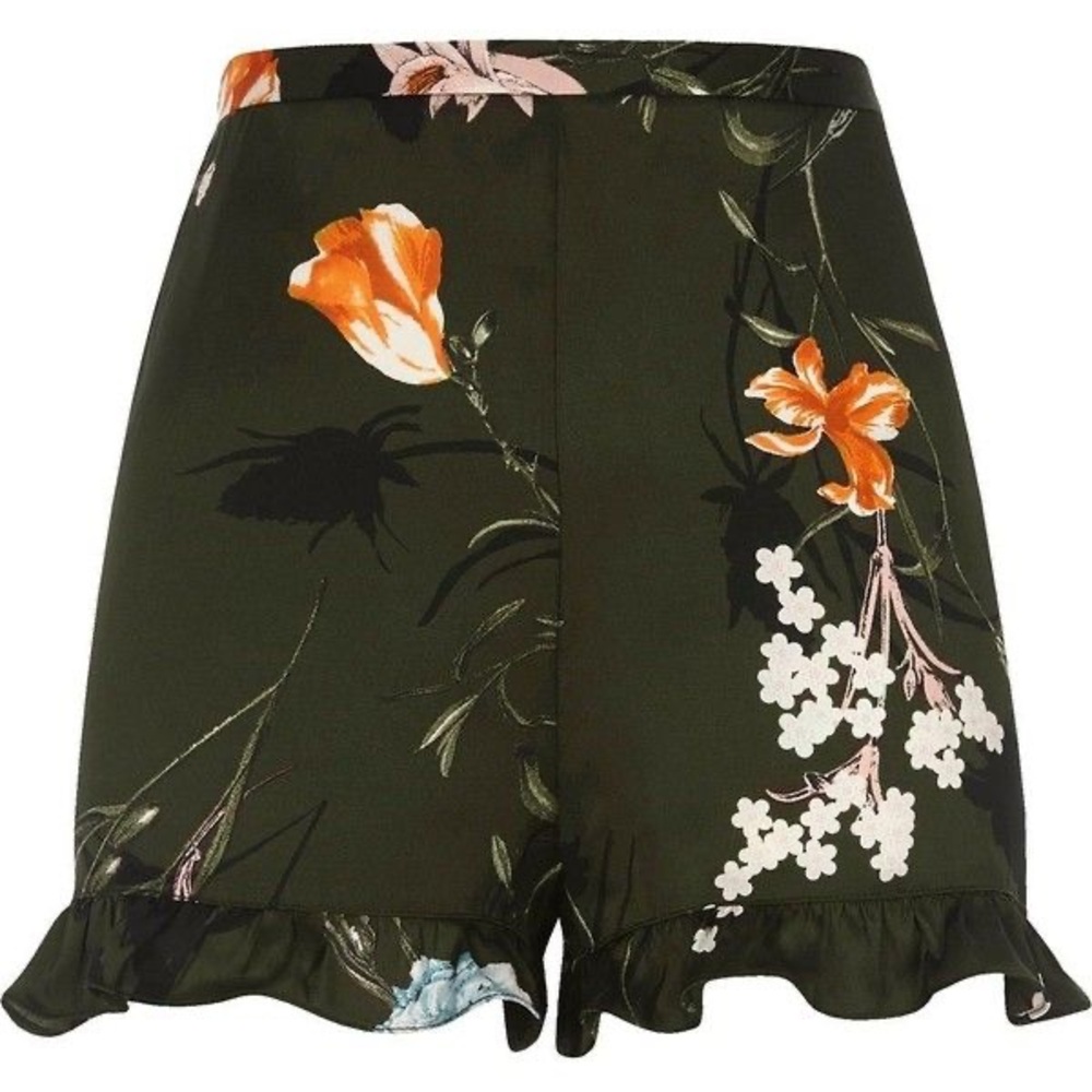 Dark olive floral print high waisted shorts with ruffle hem